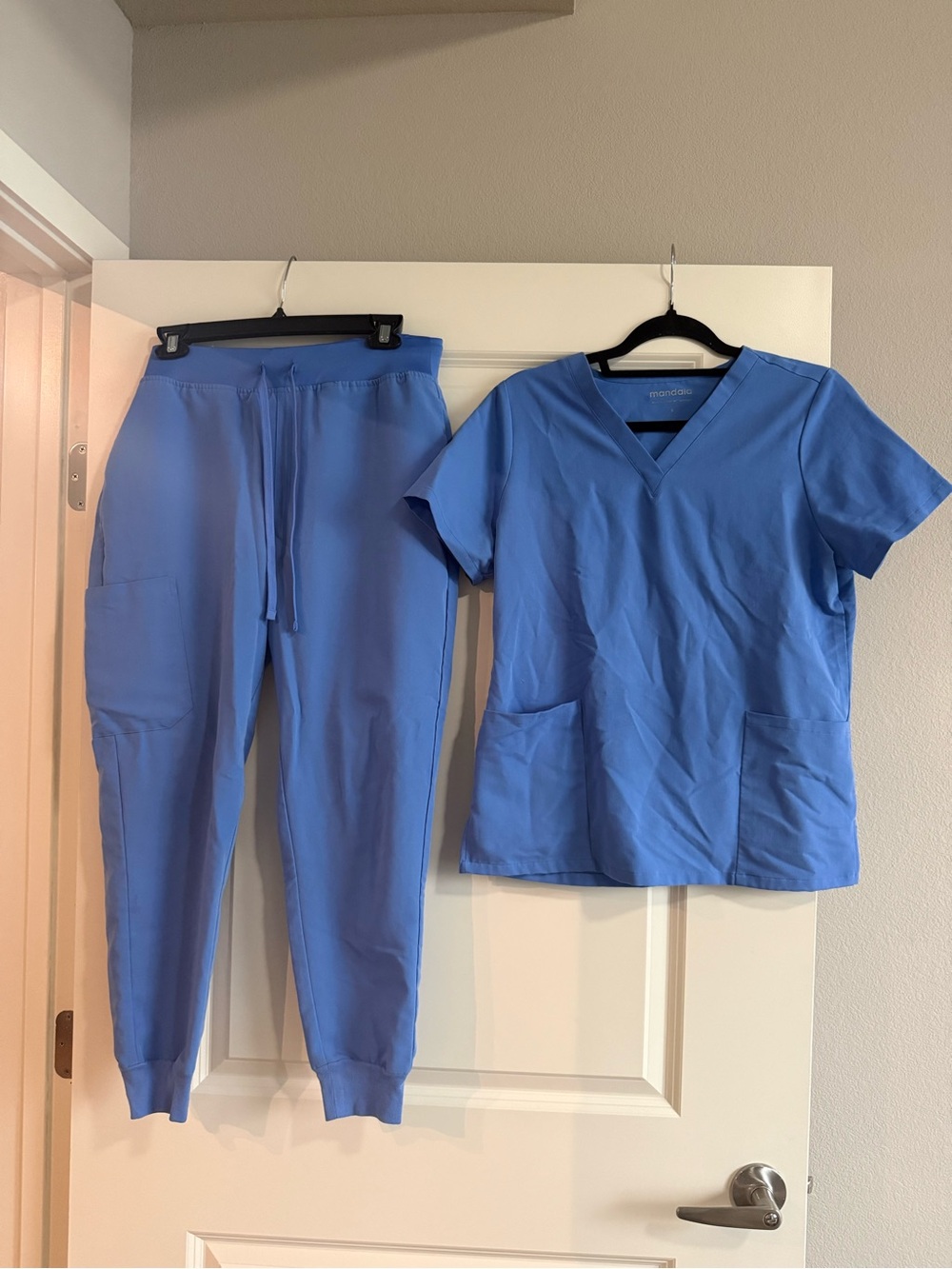 Mandala Light Blue V-Neck Scrub Top